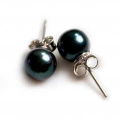 Earrings : dark blue freshwater cultured pearl & silver 925 7-8mm x 2pcs