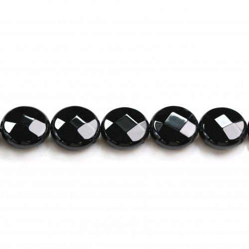 Agate de couleur noire, de forme ronde plate facetté, 12mm x 4pcs