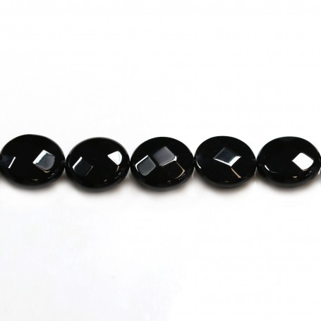 Agate in black color, in round flat faceted shape, 14mm x 4pcs
