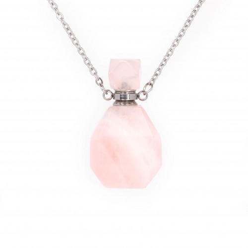 Stainless steel necklace with a pink quartz perfume bottle pendant