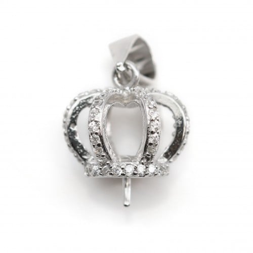 Rhodium 925 silver crowned pendant-holder 20mm for half-drilled pearls x 1pc