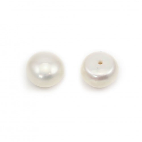 Freshwater cultured pearls, half-perforated, white, button, 9-9.5mm x 2pcs