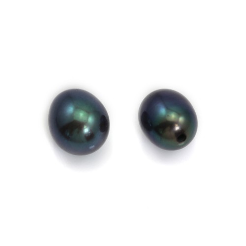 Perle de culture d'eau douce, semi-percée, bleu foncé, ovale, 7-7.5mm x 4pcs