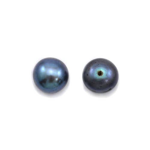 Perla cultivada de agua dulce, semiperforada, azul oscuro, botón, 7-7.5mm x 2pcs