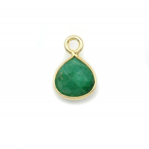 Treated emerald color faceted drop stone charm on golden silver 7mm x 1pc