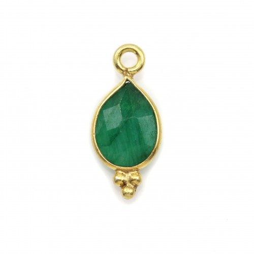 Emerald on gold plated color treated stone charm faceted drop on silver gilt 7*15mm x 1pc