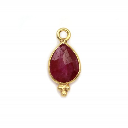 Stone Charm treated on gold platet color ruby drop faceted on silver gold 7x15mm x 1p