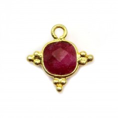 Square faceted ruby color treated stone charm on silver gilt 13mm x 1pc