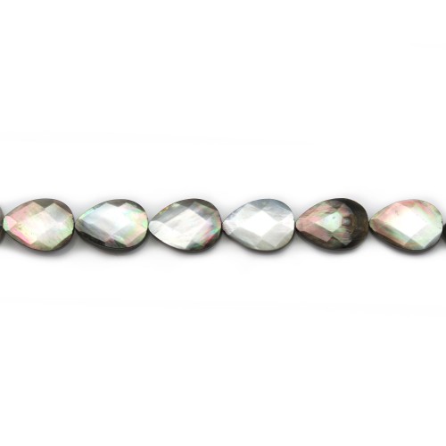 Gray mother-of-pearl faceted flat drop beads on thread 14x18mm x 40cm