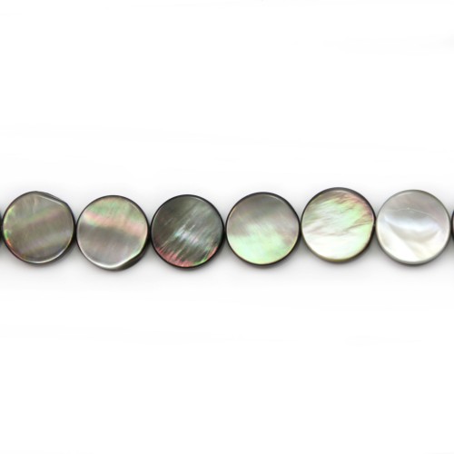 Gray mother-of-pearl flat round beads on thread 15mm x 40cm