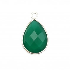 Faceted drop-shape green agate set in silver 11x15mm x 1pc