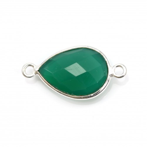 Gota de ágata verde facetada, 2 anillos engastados en plata 11x15mm x 1pc
