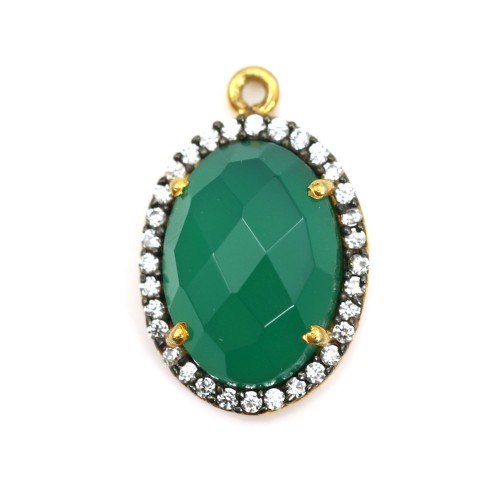 Faceted oval green agate set in gold-plated silver with zirconium 15mm x 1pc