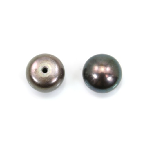 Freshwater cultured pearls, half-drilled, black, button, 8-9mm x 4pcs