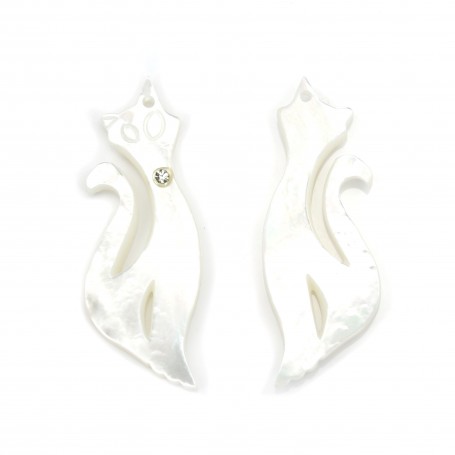 white mother-of-pearl in a cat shape with a cubic zirconia 12x34 mm x 1pc