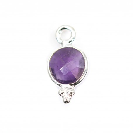 Round faceted Amethyst charm set in 925 silver 7x13mm x 1pc