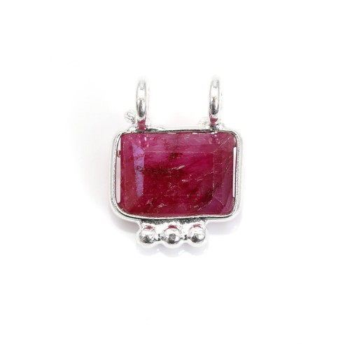 Charm Gemstone dyed ruby rectangle set in 925 silver - 2 rings - 8*10mm x 1pc