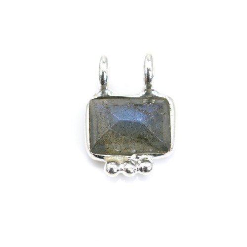 Breloque Labradorite rectangle serti argent 925 - 2 anneaux - 8x10mm x 1pc