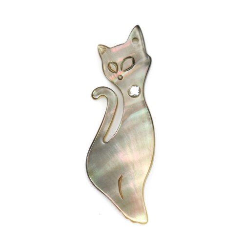 Grey mother-of-pearl in a cat shape with a cubic zirconia 9x25 mm x 1pc