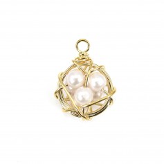 Round pendant 14mm , with pearl beads, plated with "flash" gold on brass x 1pc