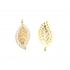 Leaf-shaped charm, 7x14mm, plated with "flash" gold on brass & zirconium x 1pc