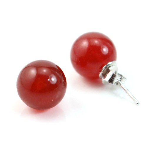 Earrings : red onyx & silver 925 round 10mm x 2pcs 