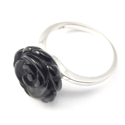 Sterling Silver Ring with Flower on Black Agate
