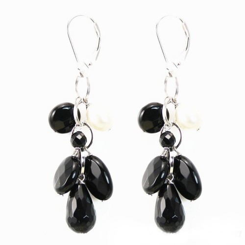 Black agate & freshwater pearl earring silver 925 sleeper x 2pcs