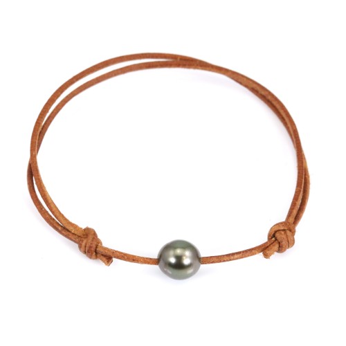 Bracelet cuir avec perles de culture de Tahiti 7-8mm